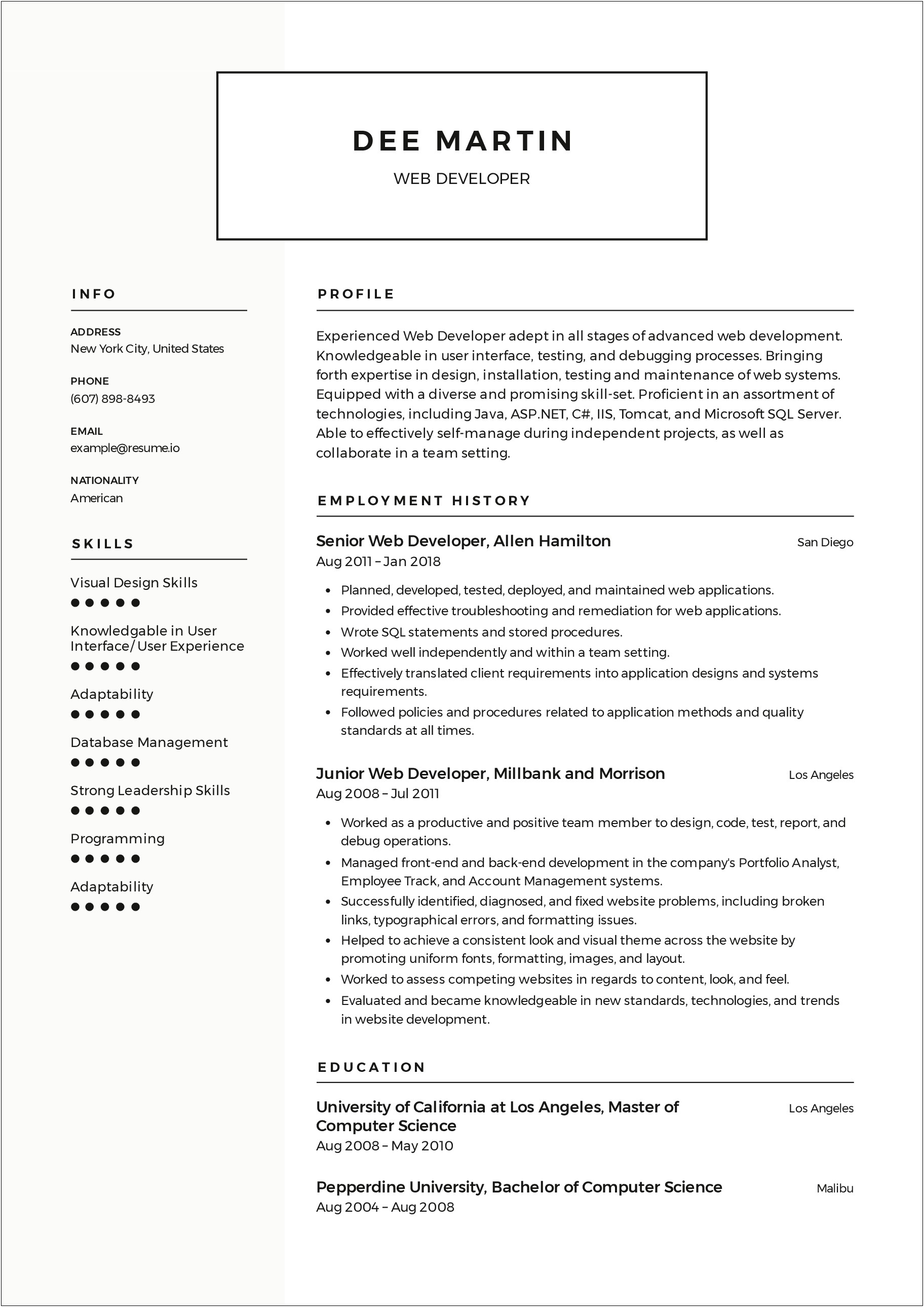 Sample Web Page And Database Resume