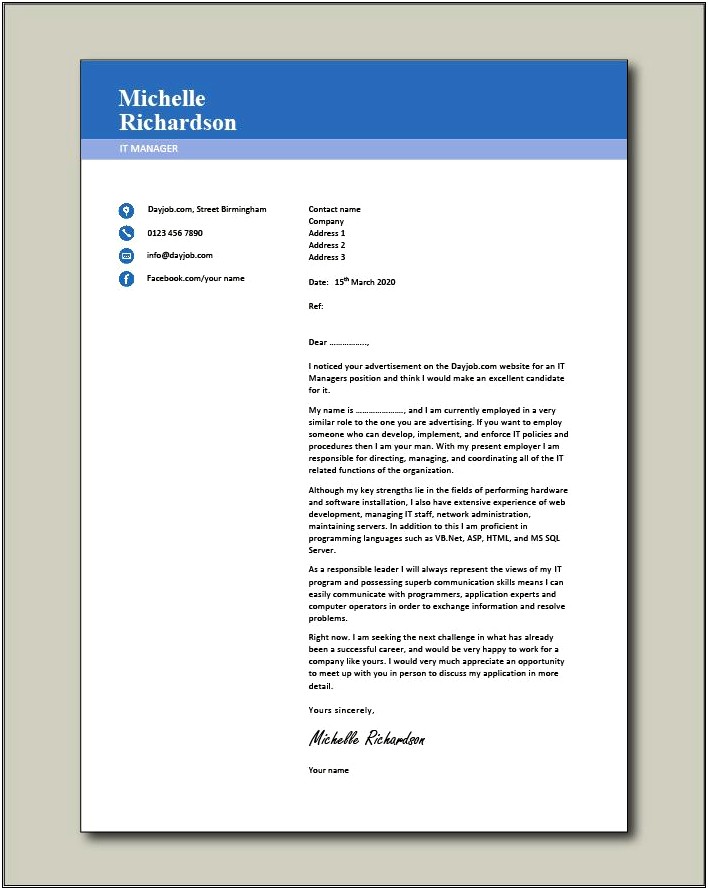 Samplecover Letter For Resume For Technology Manager