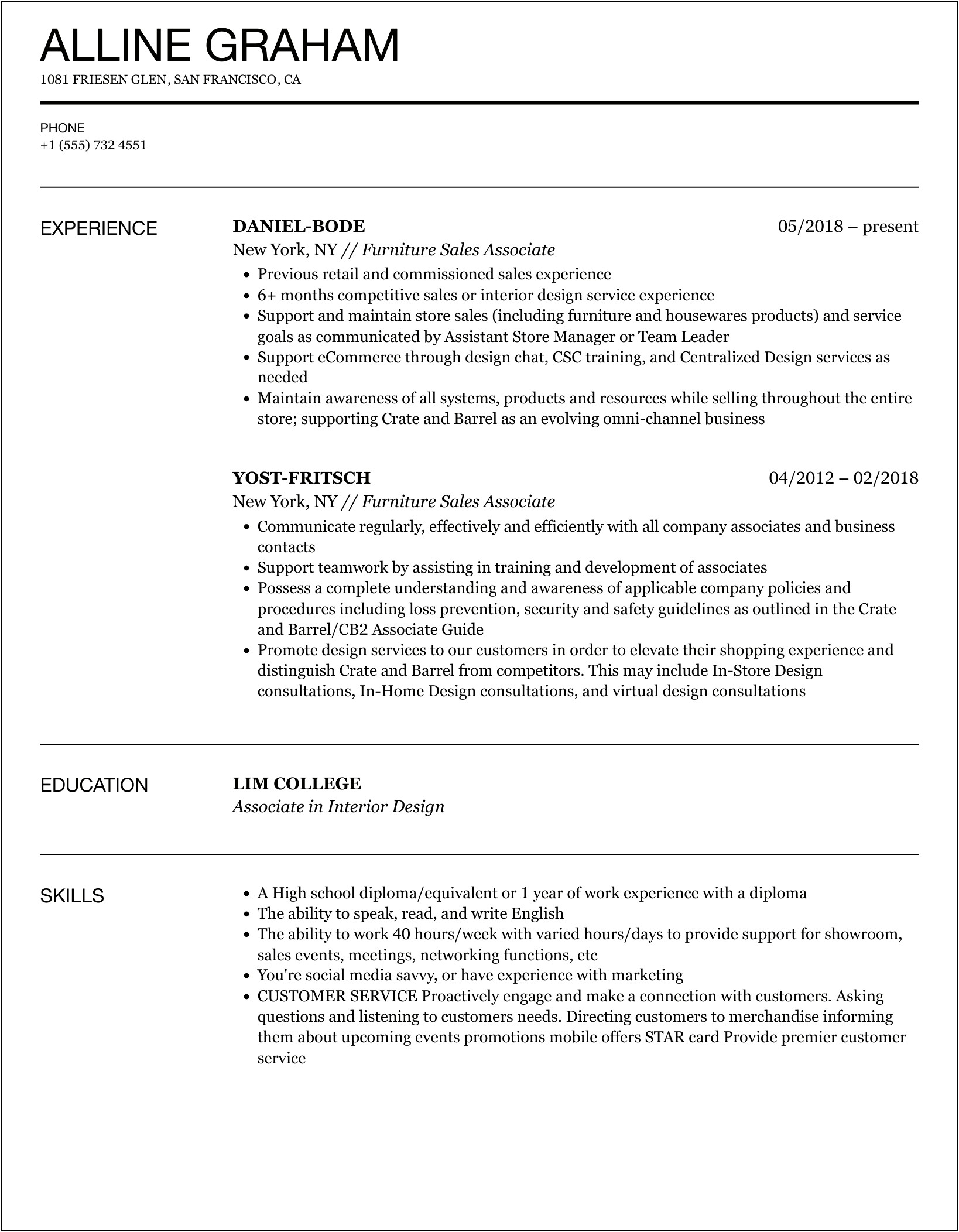 Samples Of A Interior Design Sales Associate Resume