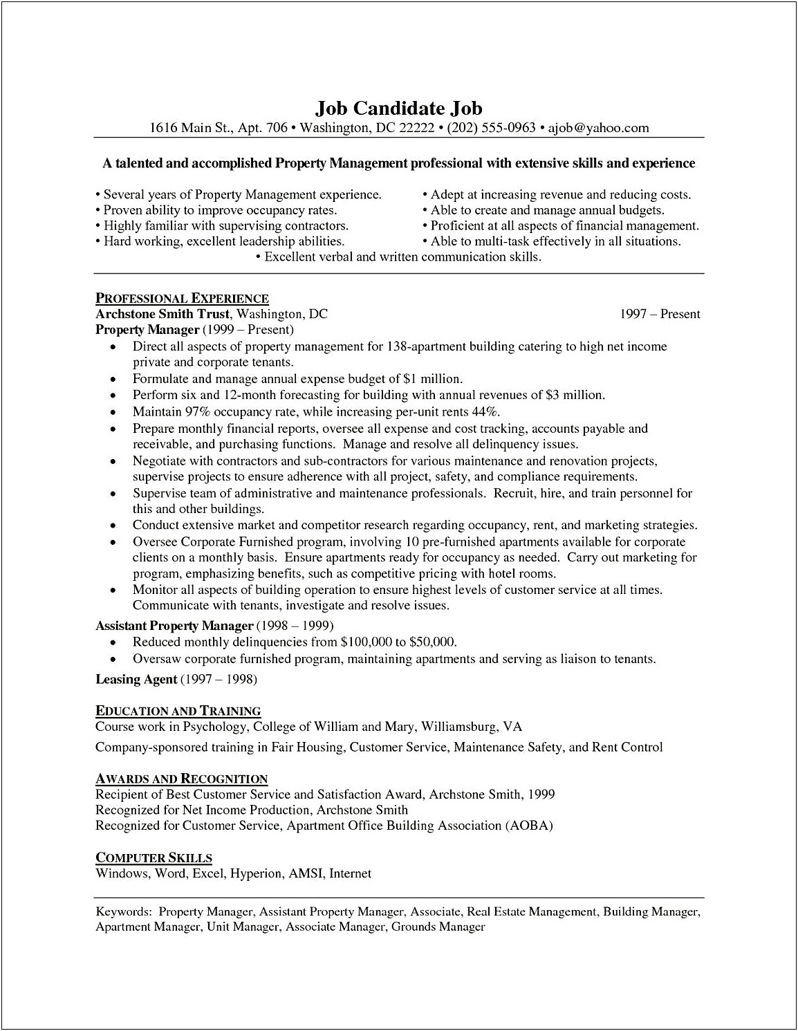 Samples Of Assistant Property Manager Resume