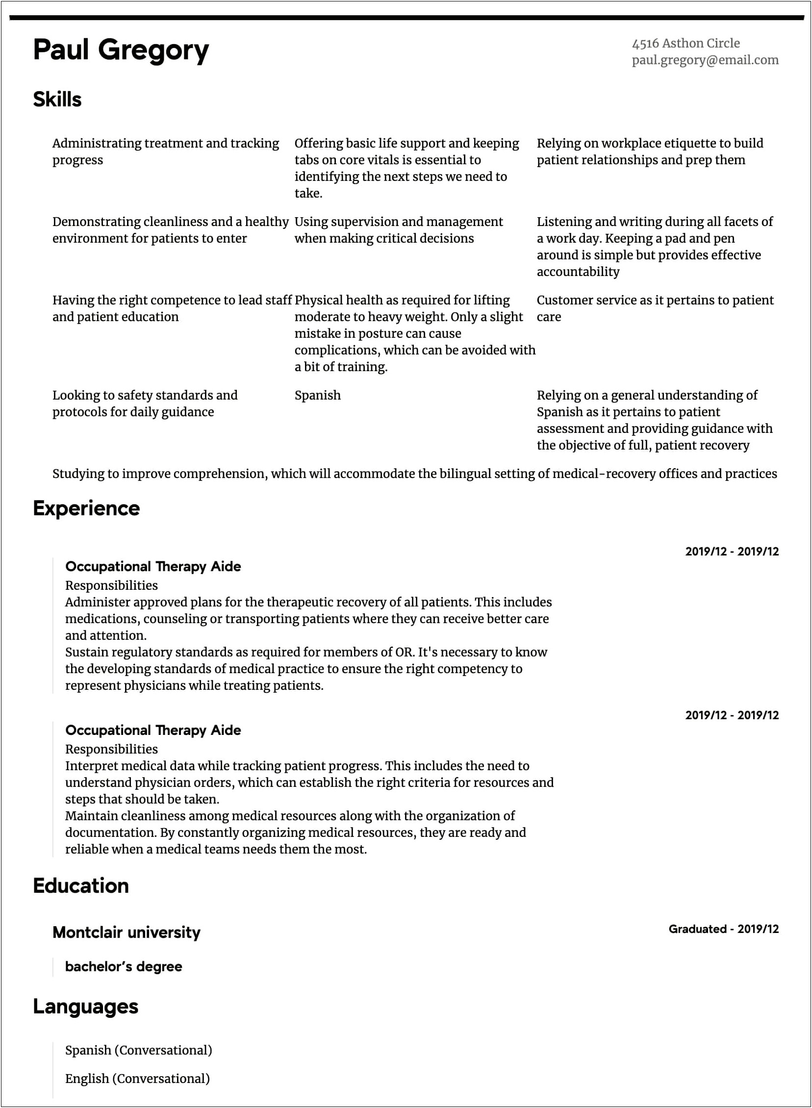 Samples Of Occupational Therapy Assistant Resume