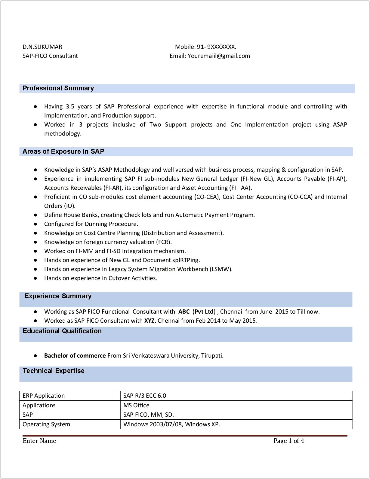 Sap Abap 2 Years Experience Resume Sample