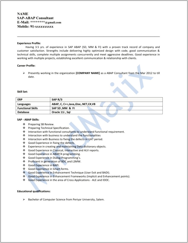 Sap Abap Resume 2 Years Experience