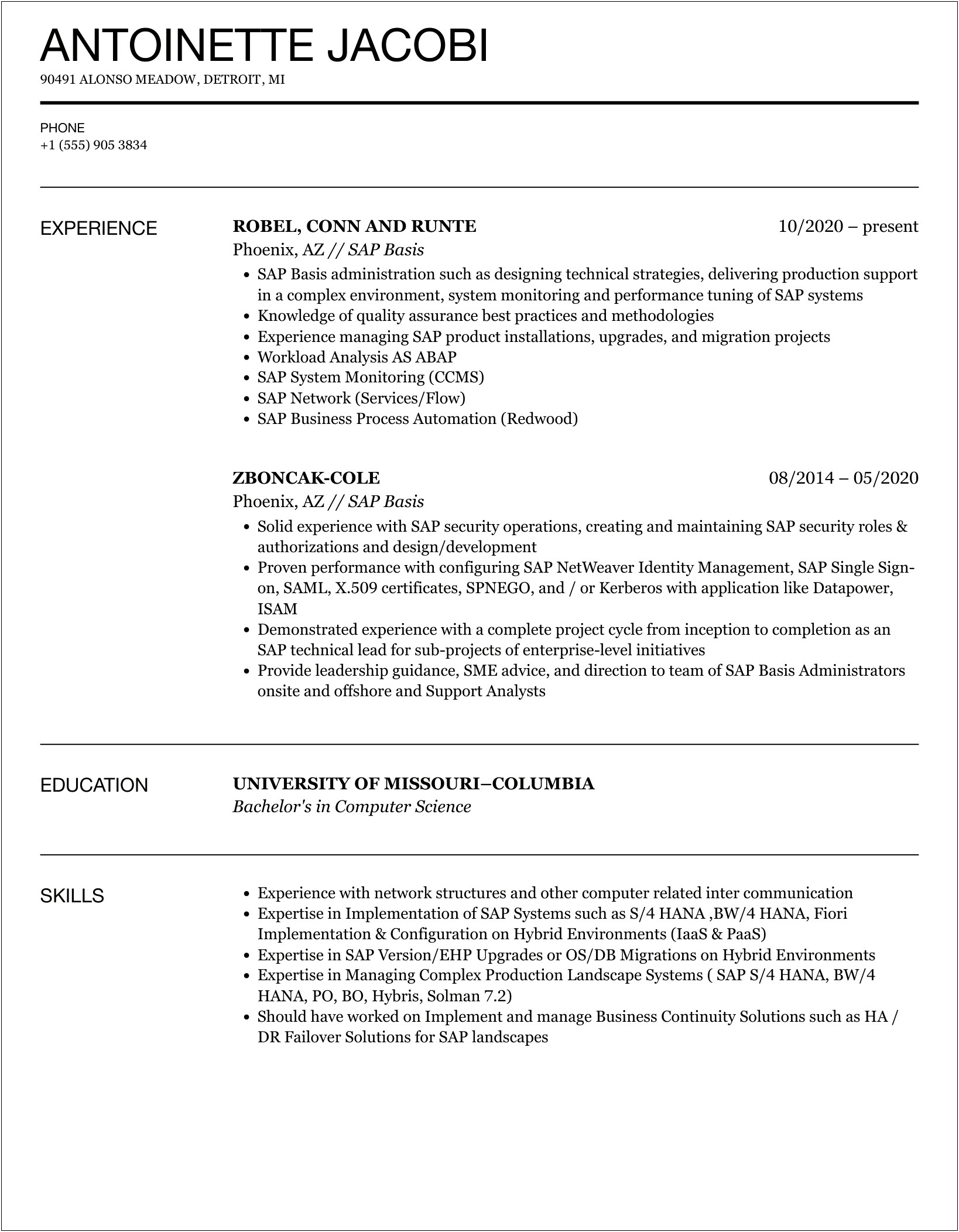 Sap Basis 3 Years Experience Sample Resume