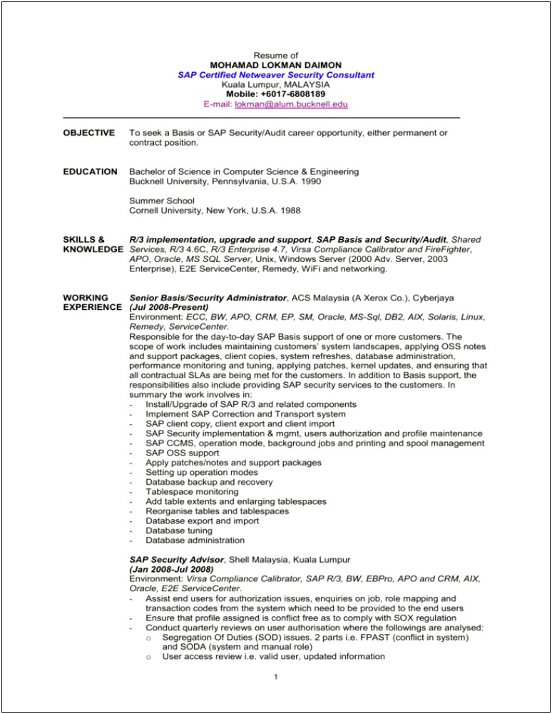 Sap Basis Resume 5 Years Experience