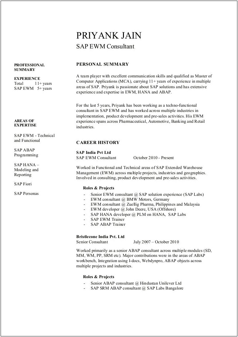 Sap Ewm Resume For 2 Years Experience