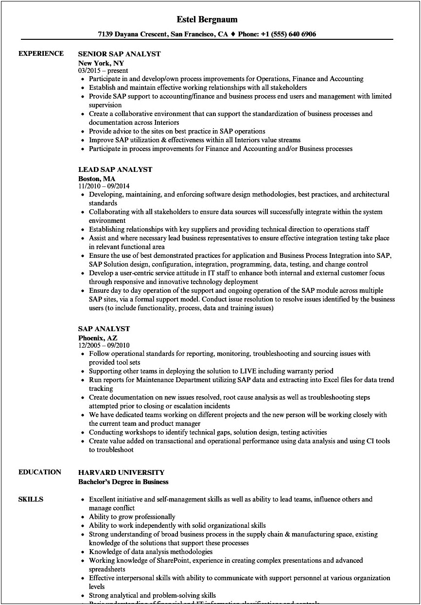 Sap Fico Business Analyst Resume Sample