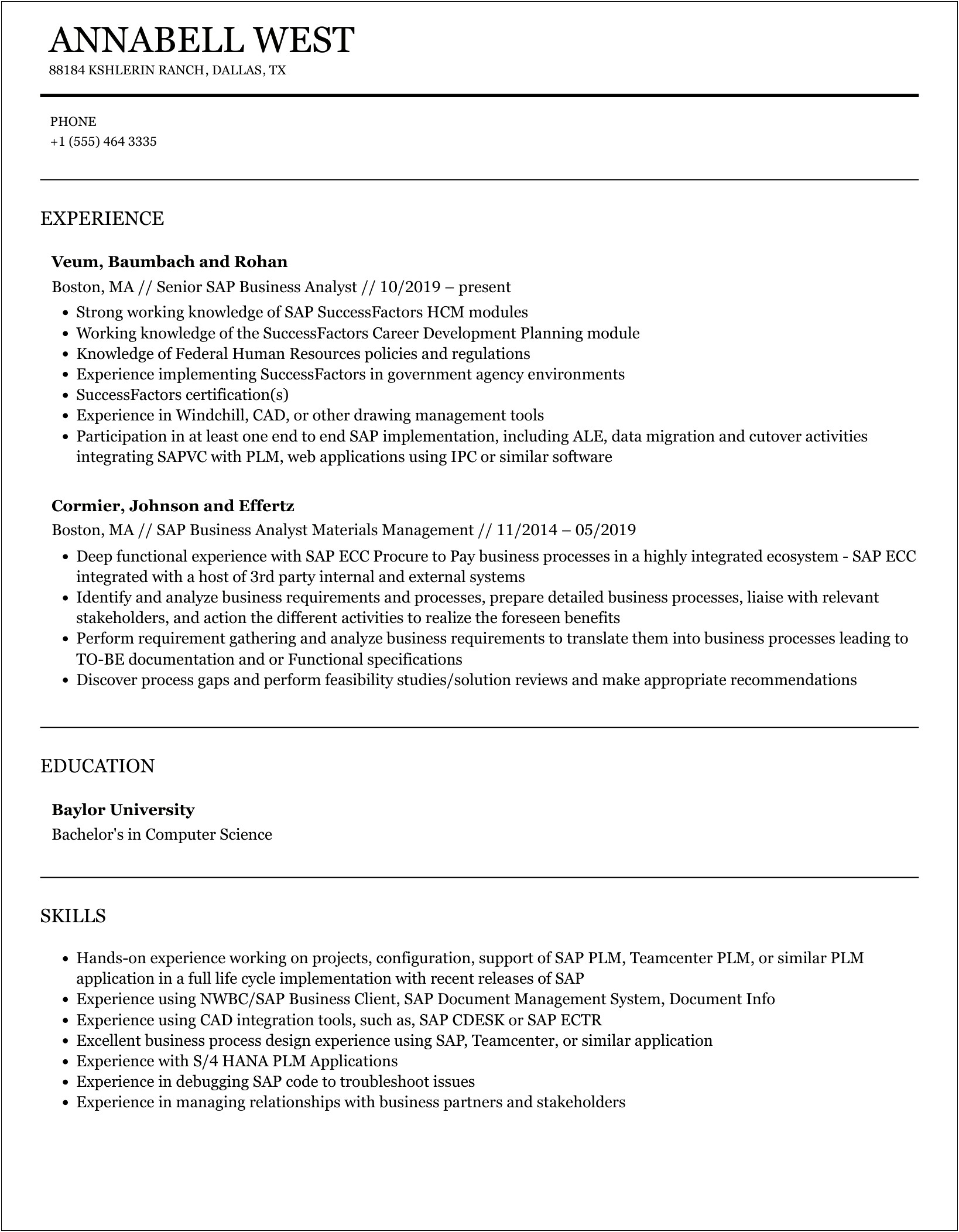 Sap Fico Business Analyst Sample Resume