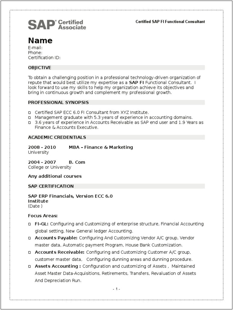 Sap Fico Consultant Resume 3 Years Experience Formats