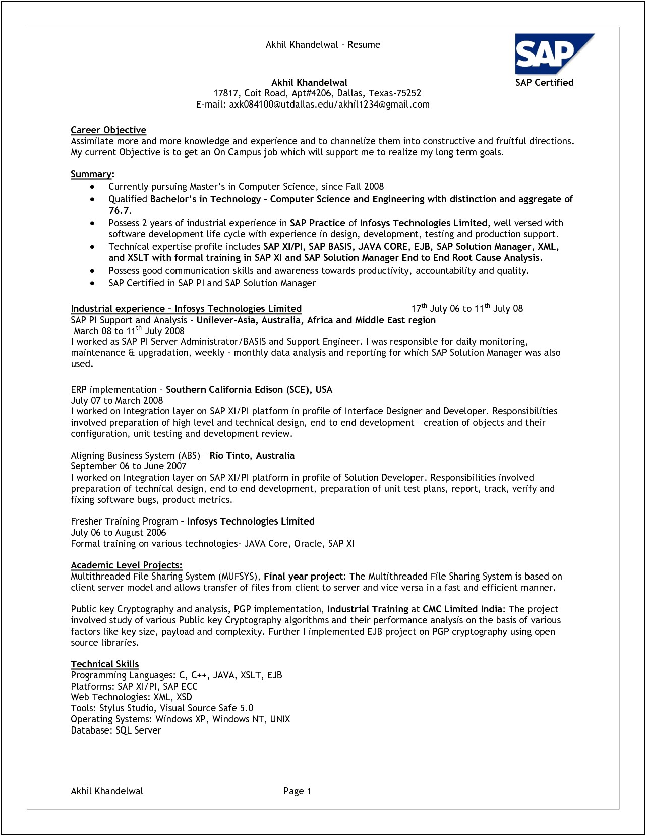 Sap Fico End User Resume Sample For Experience