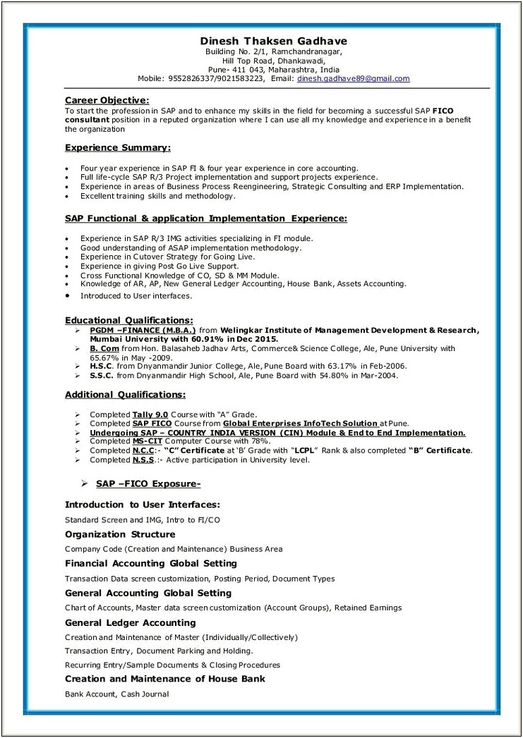 Sap Fico Financial Accounting Resume Sample