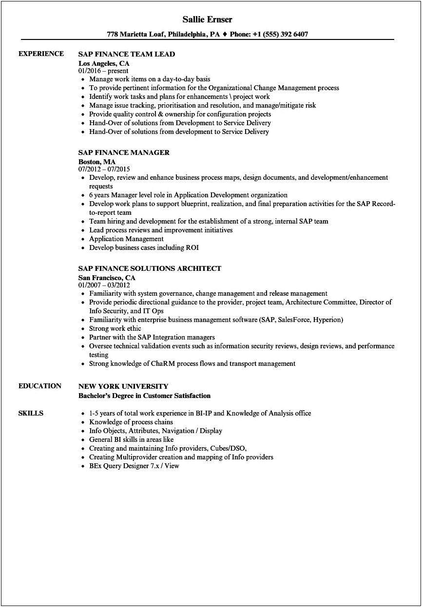 Sap Fico Sample Resume For Experienced