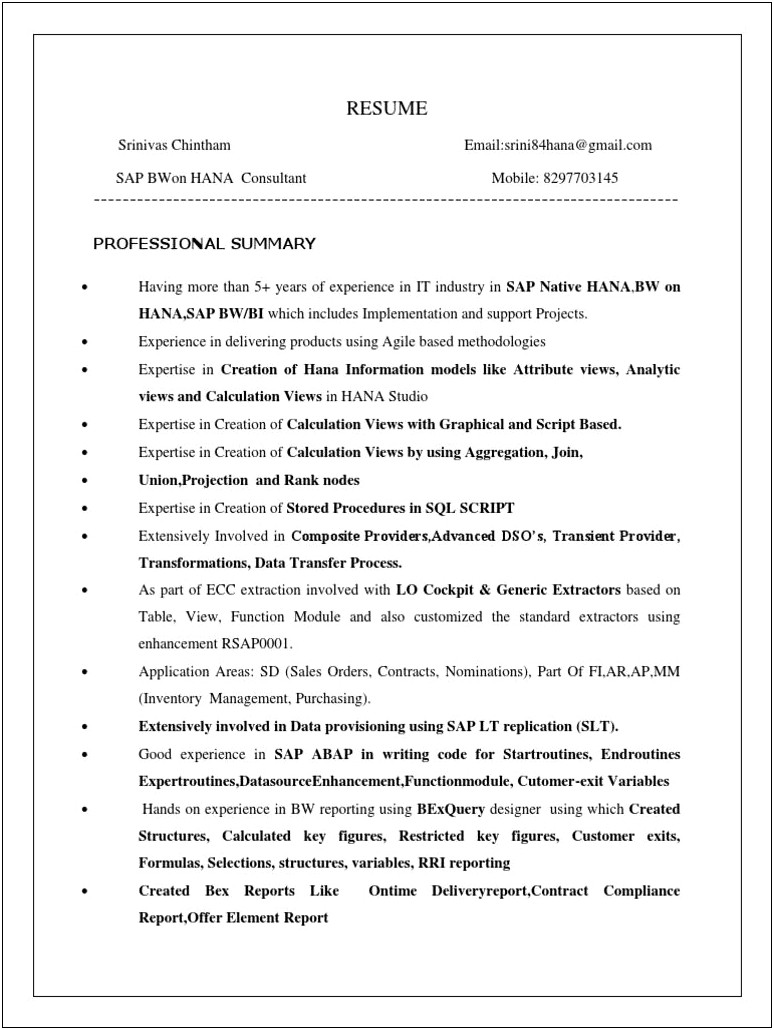 Sap Hana Resume For 3 Years Experience Pdf