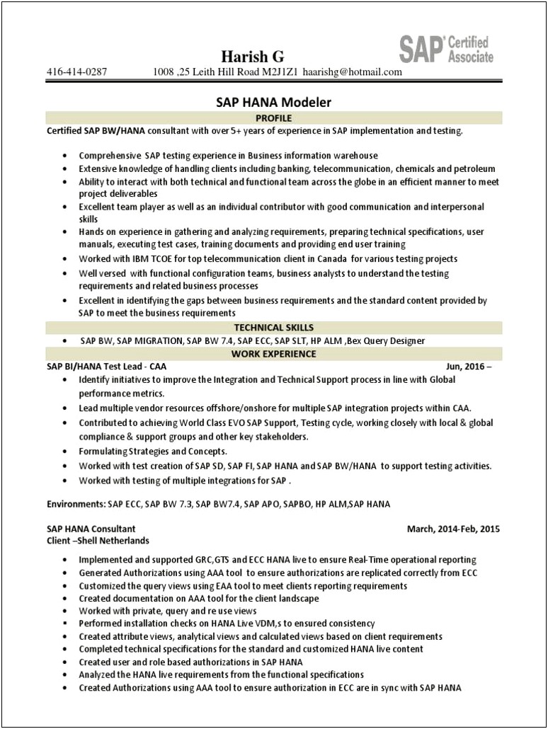 Sap Hana Resume For 5 Years Experience