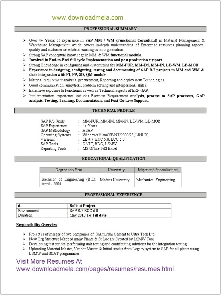 Sap Mm End User Resume Sample Pdf