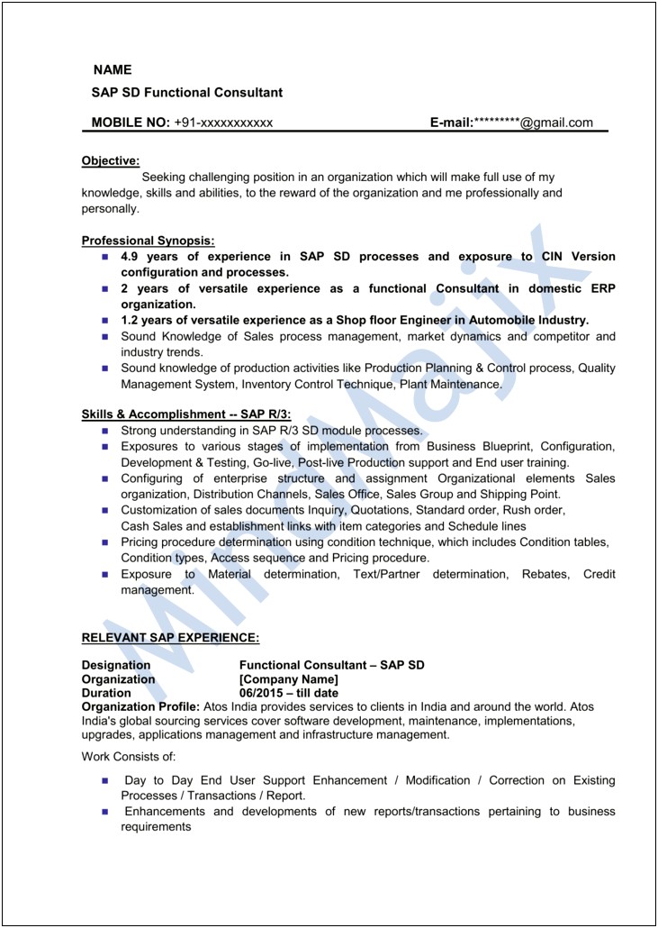 Sap Mm Support Consultant Sample Resume