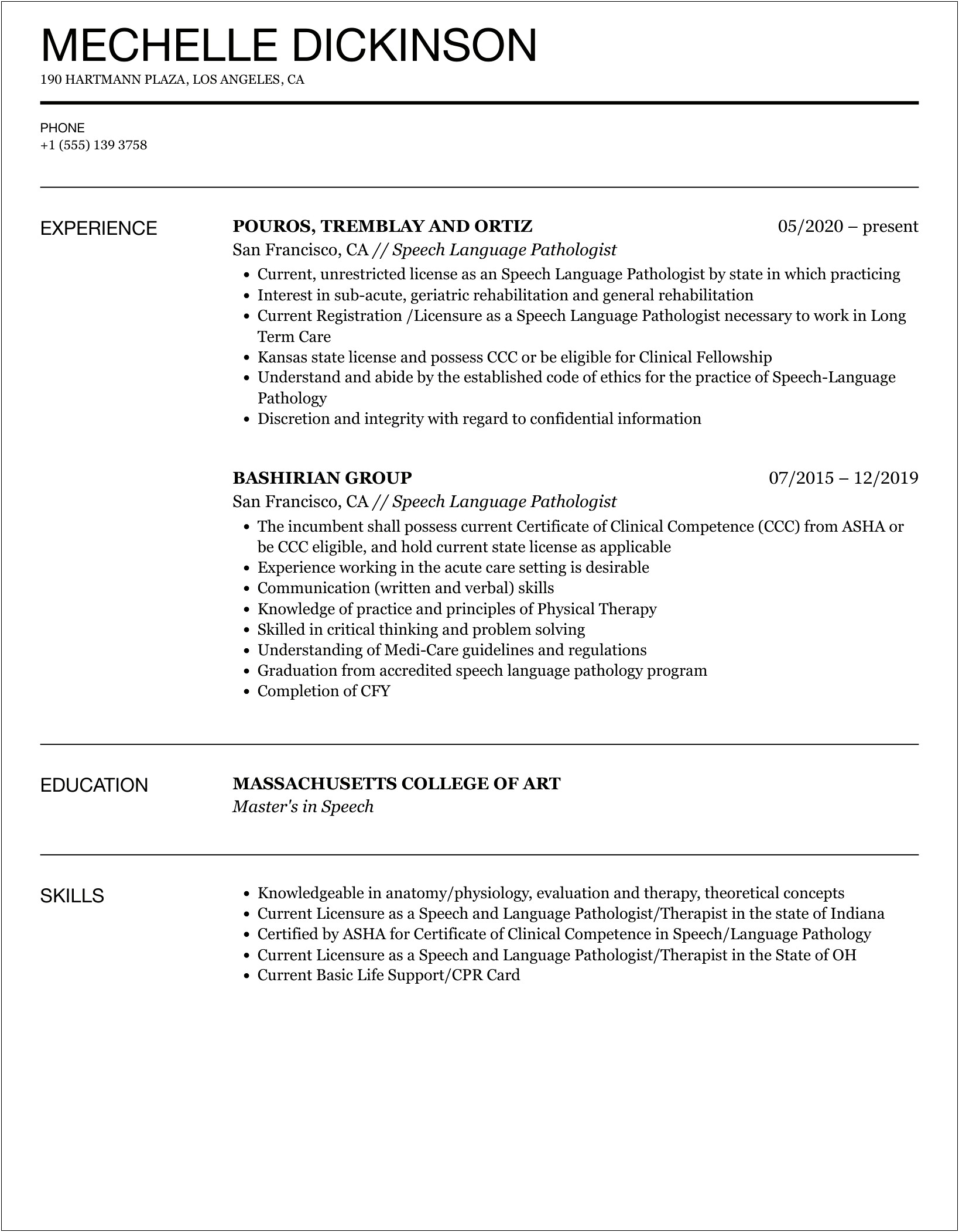 School Based Speech Language Pathologist Resume Sample