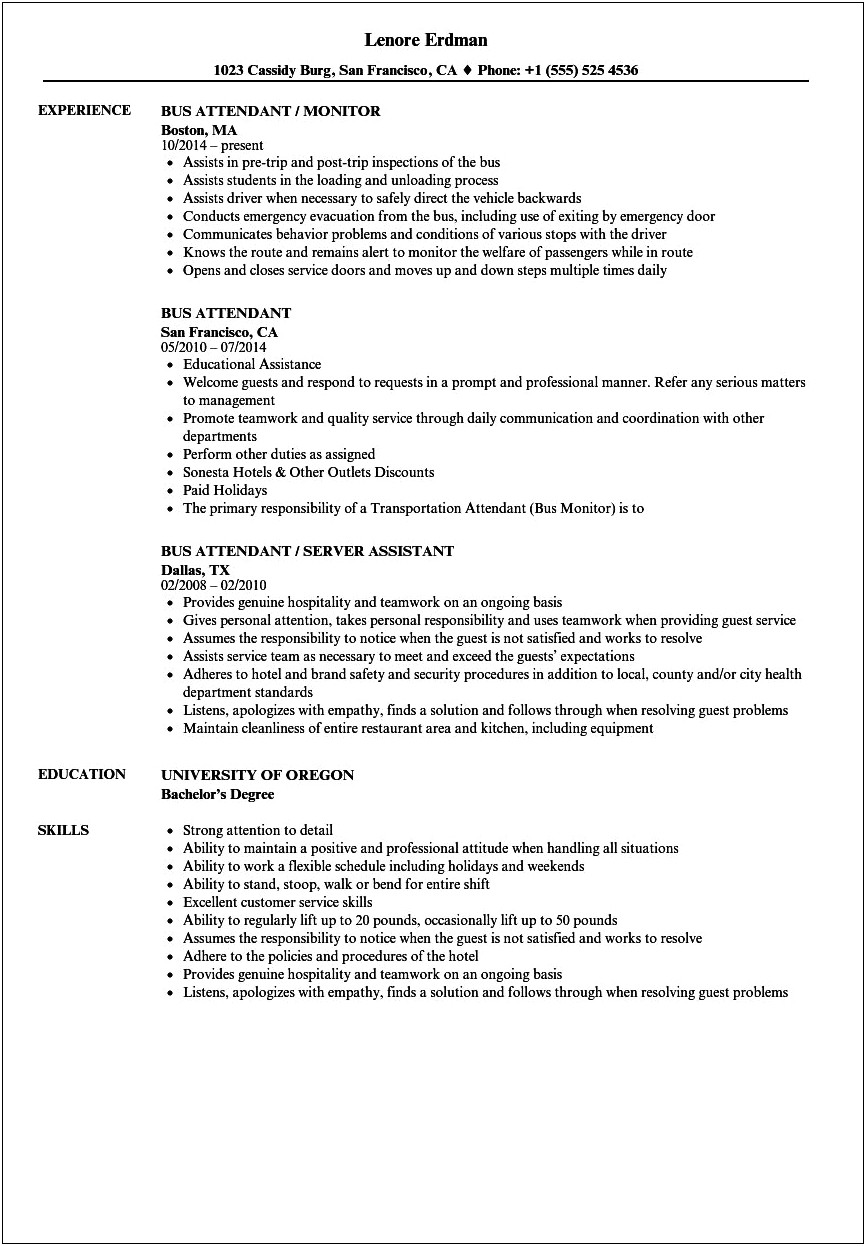 School Bus Attendant Job Description For Resume