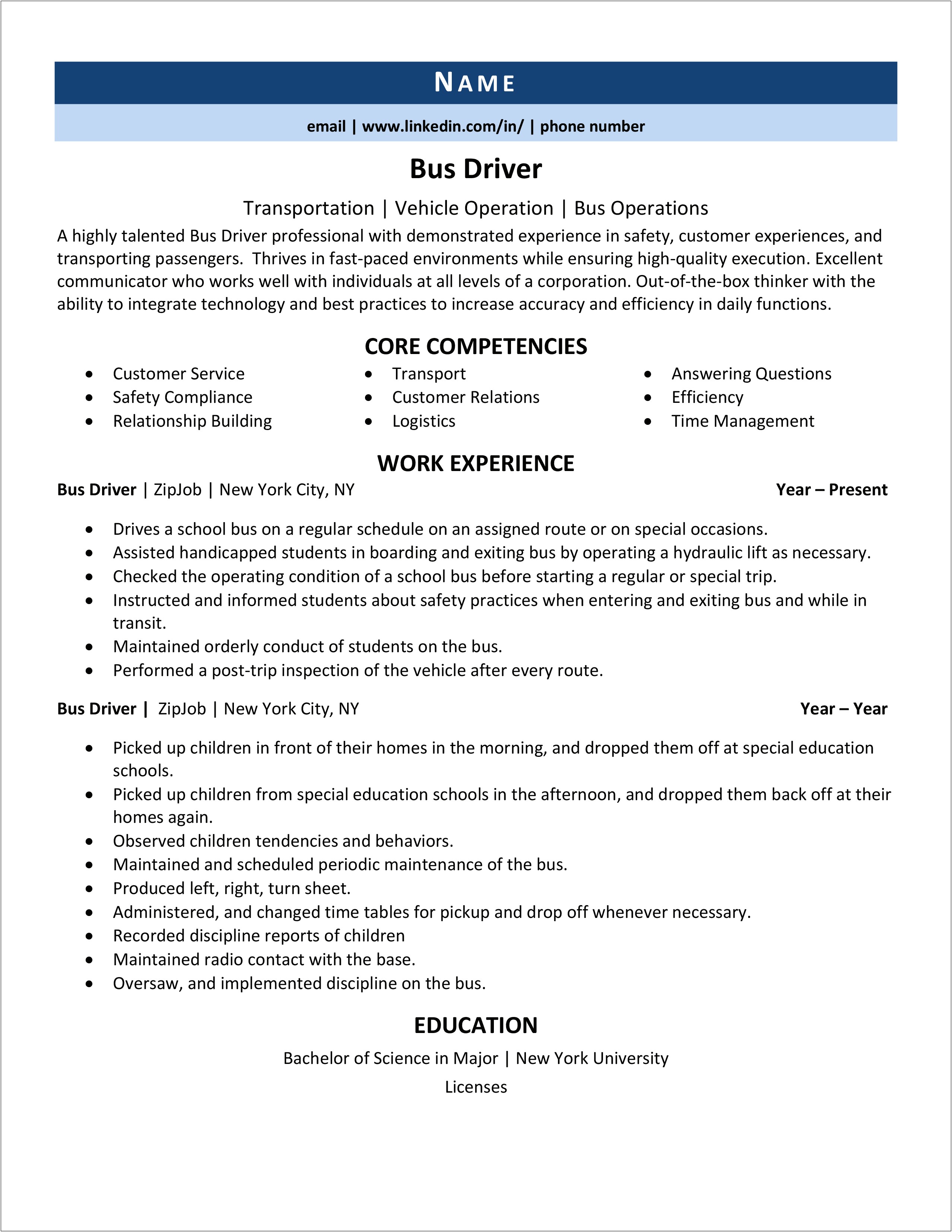 School Bus Driver Resume With No Experience