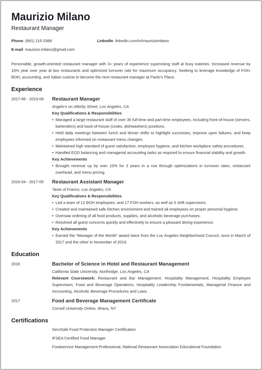 School Cafeteria Manager Job Description For Resume