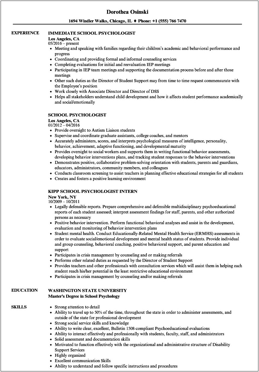 School Psychology Practicum Student Sample Resume