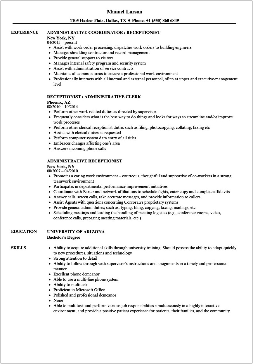 School Receptionist Job Description For Resume