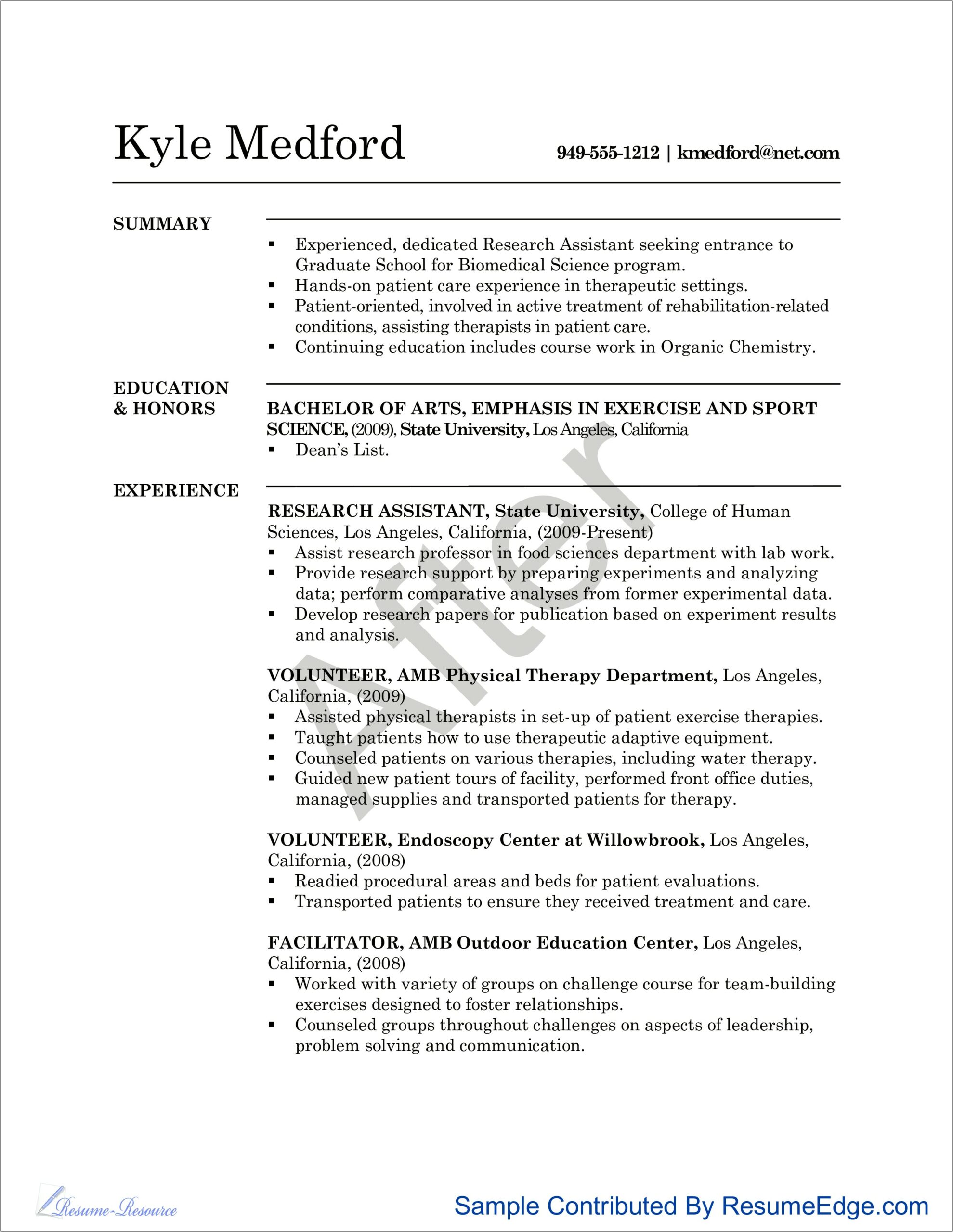 Science Resume For Grad School Example