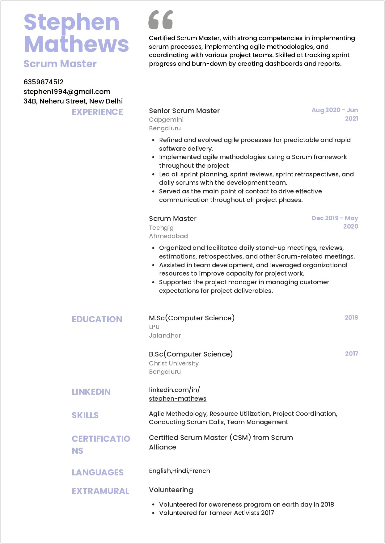 Scrum Master Resume With Specific Conflict Examples