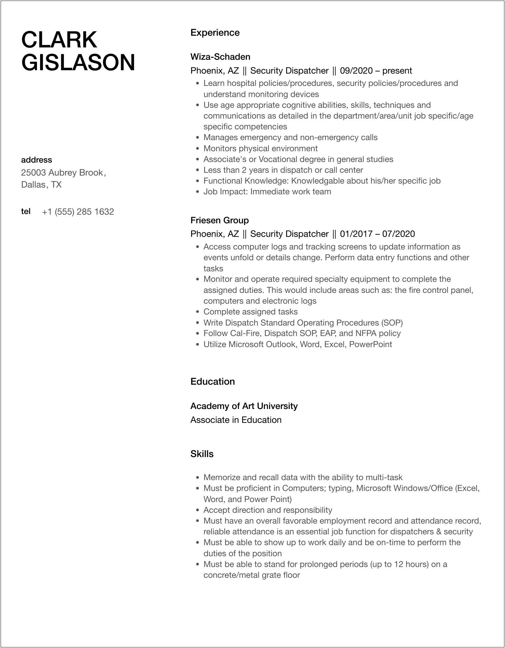 Security Dispatcher Job Duties For Resume