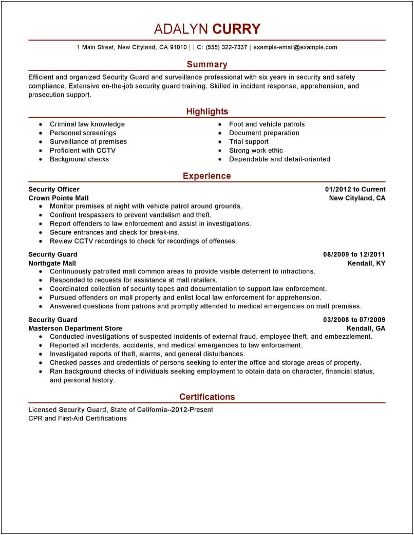 Security Guard Resume With No Work Experience