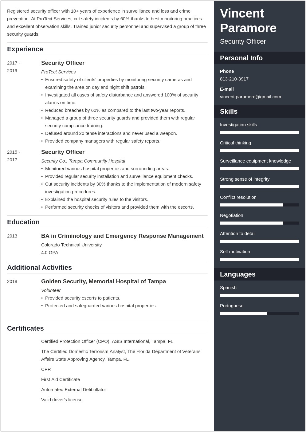 Security Officer None Comshin Duties Resume Sample