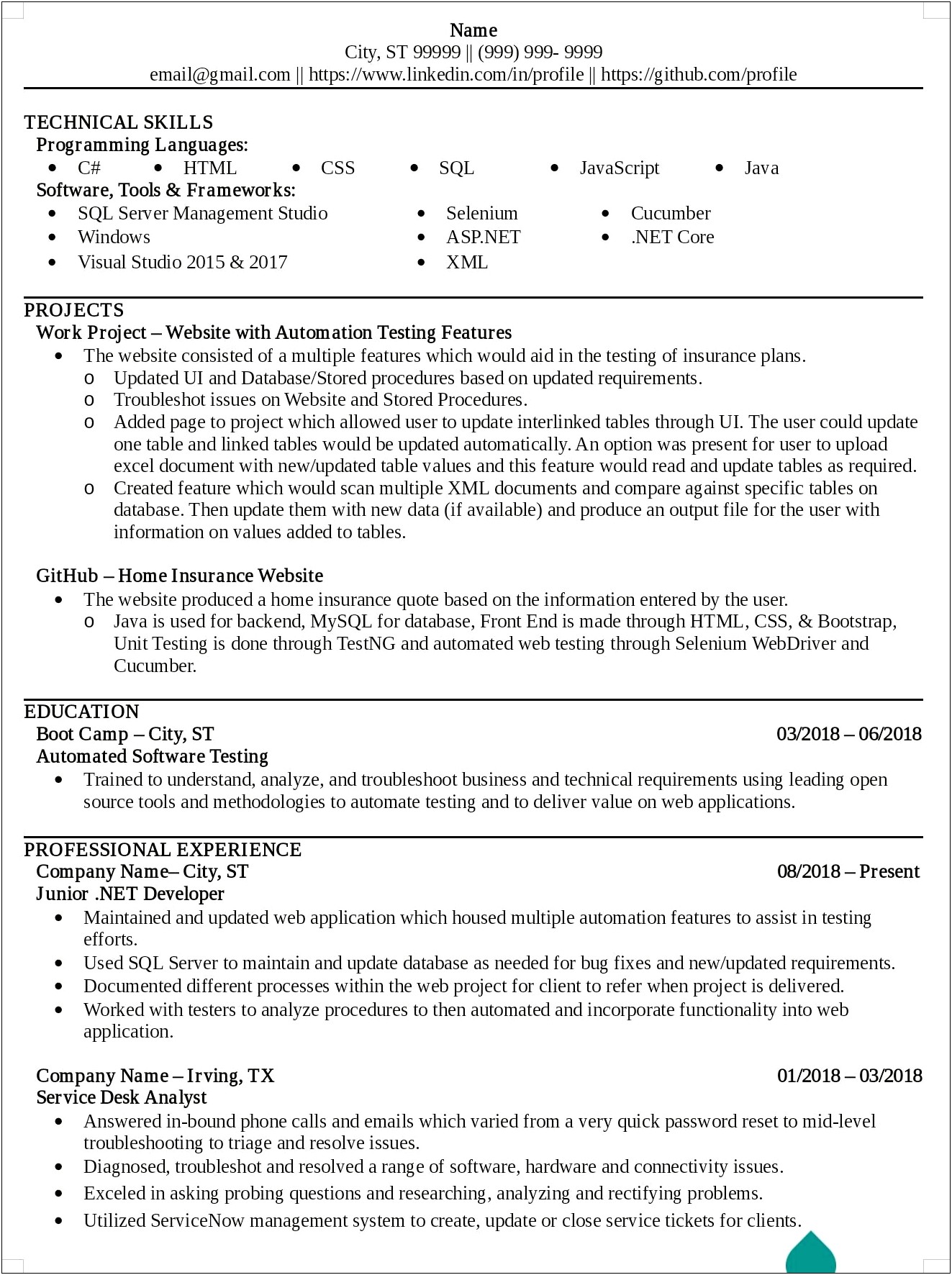 Selenium Webdriver Resume For 1 Years Experience