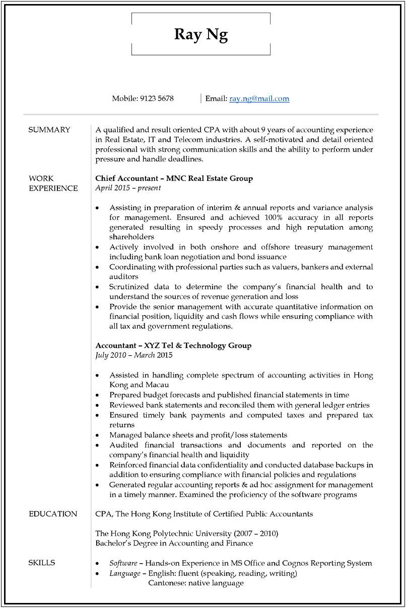 Senior Accountant Resume Annual Audit Wording