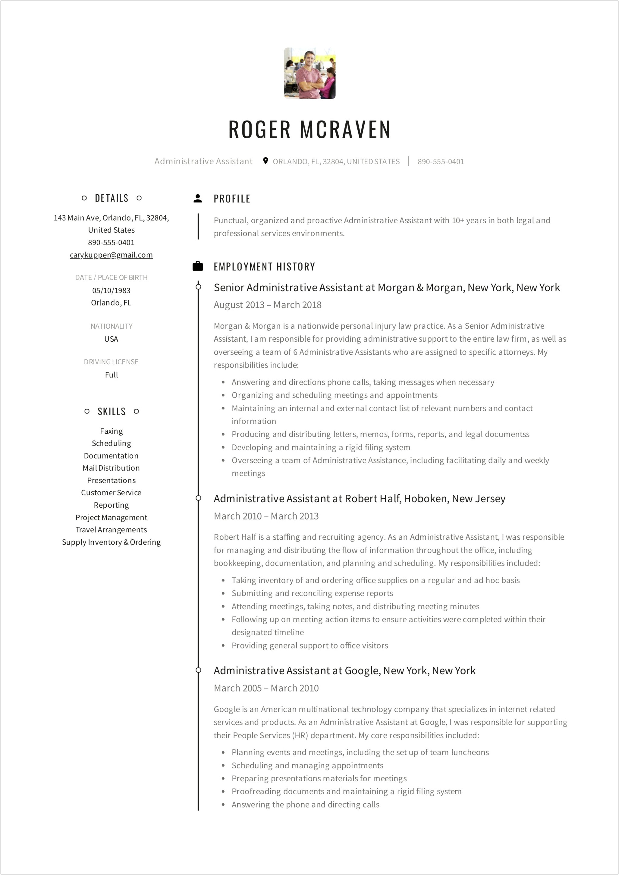 Senior Administrative Assistant Resume Example Cover Letter