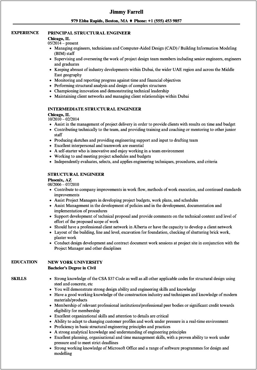 Senior Civil Engineer Resume Sample Canada