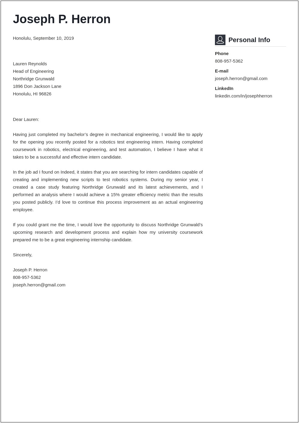 Senior Engineer Resume Cover Letter