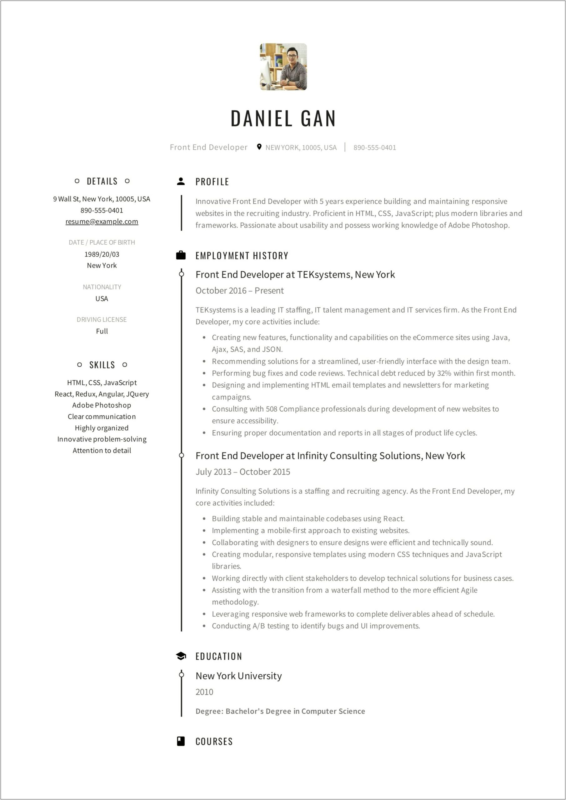 Senior Front End Developer Resume Example