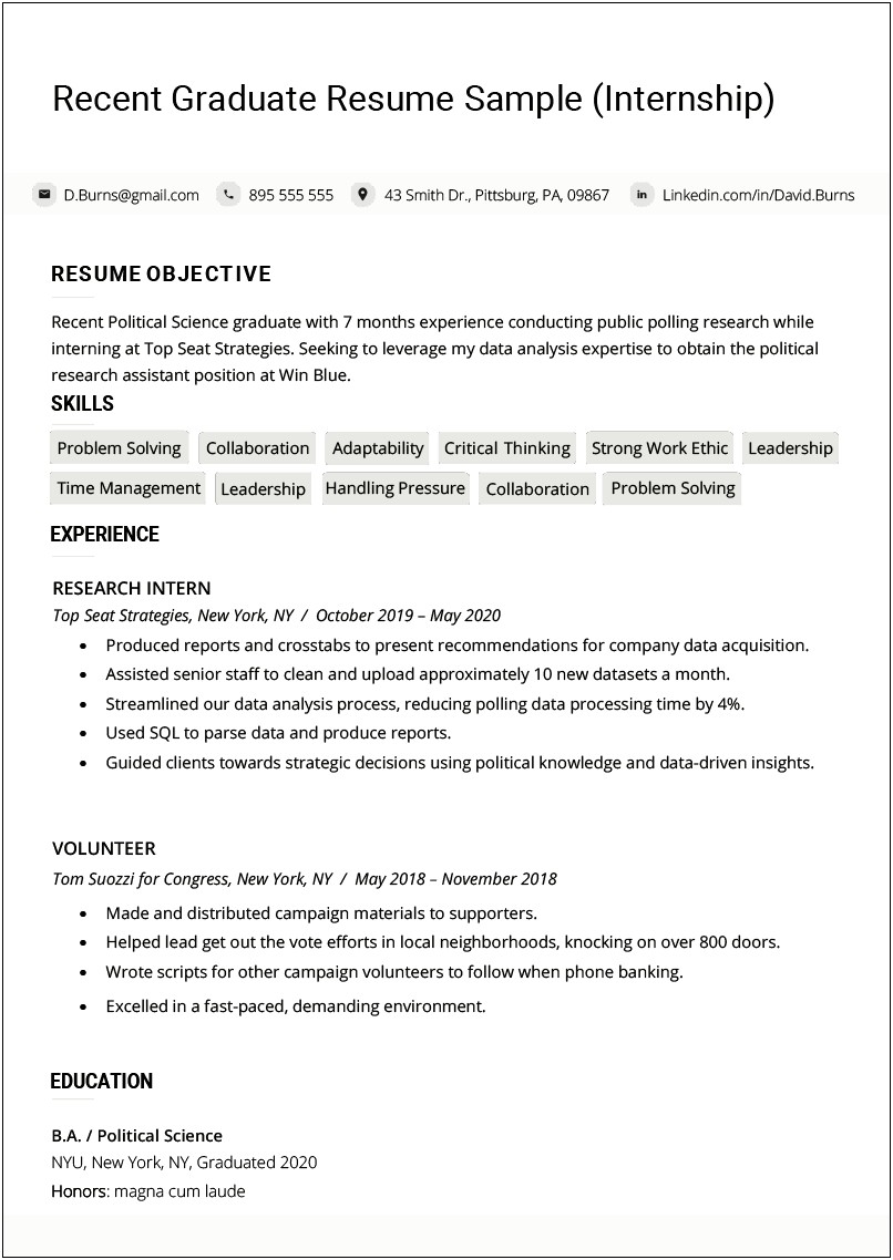 Senior In College Graduate Summary Resume Sample