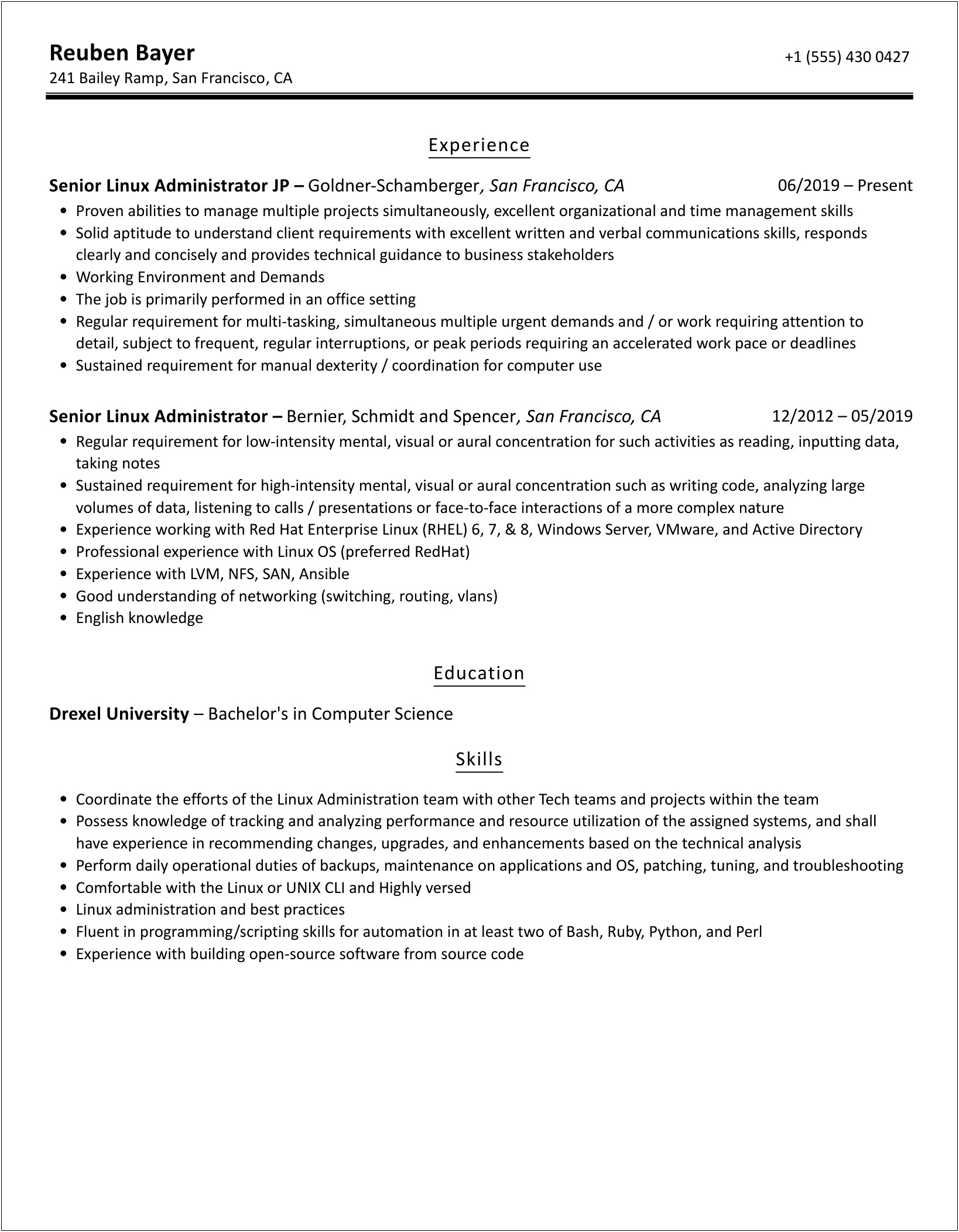 Senior Linux Admin Resume Summary Write Up