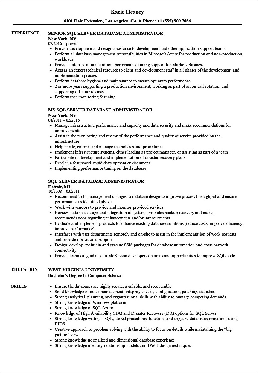 Senior Sql Server Dba Sample Resume