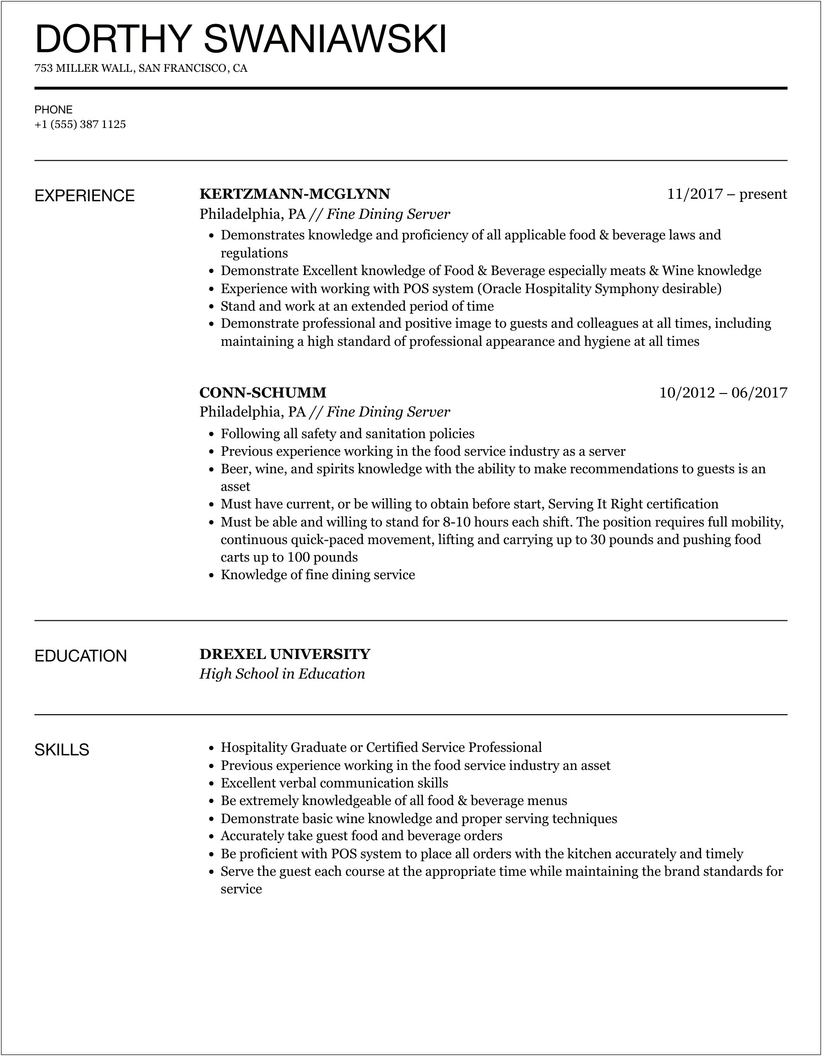 Server Fine Dining Resume Template Free