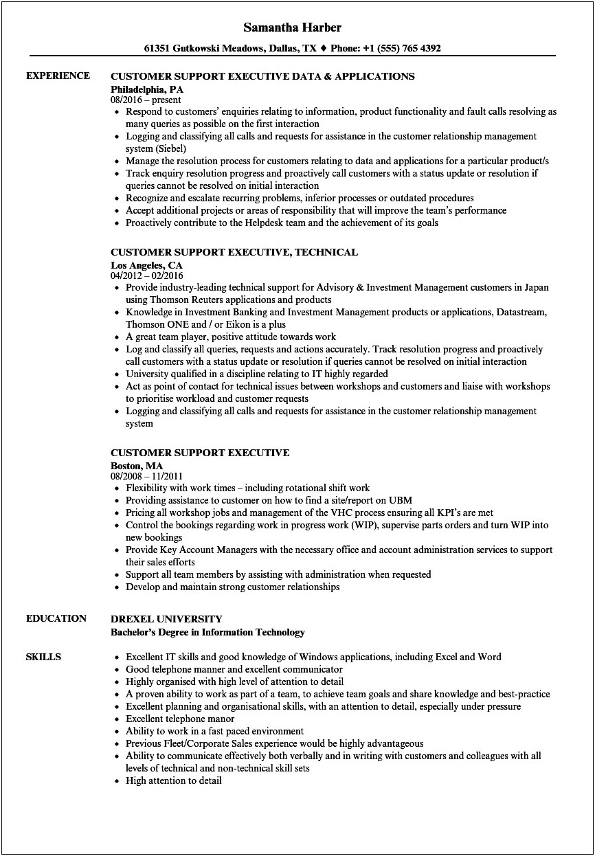 Service Executive Job Description For Resume