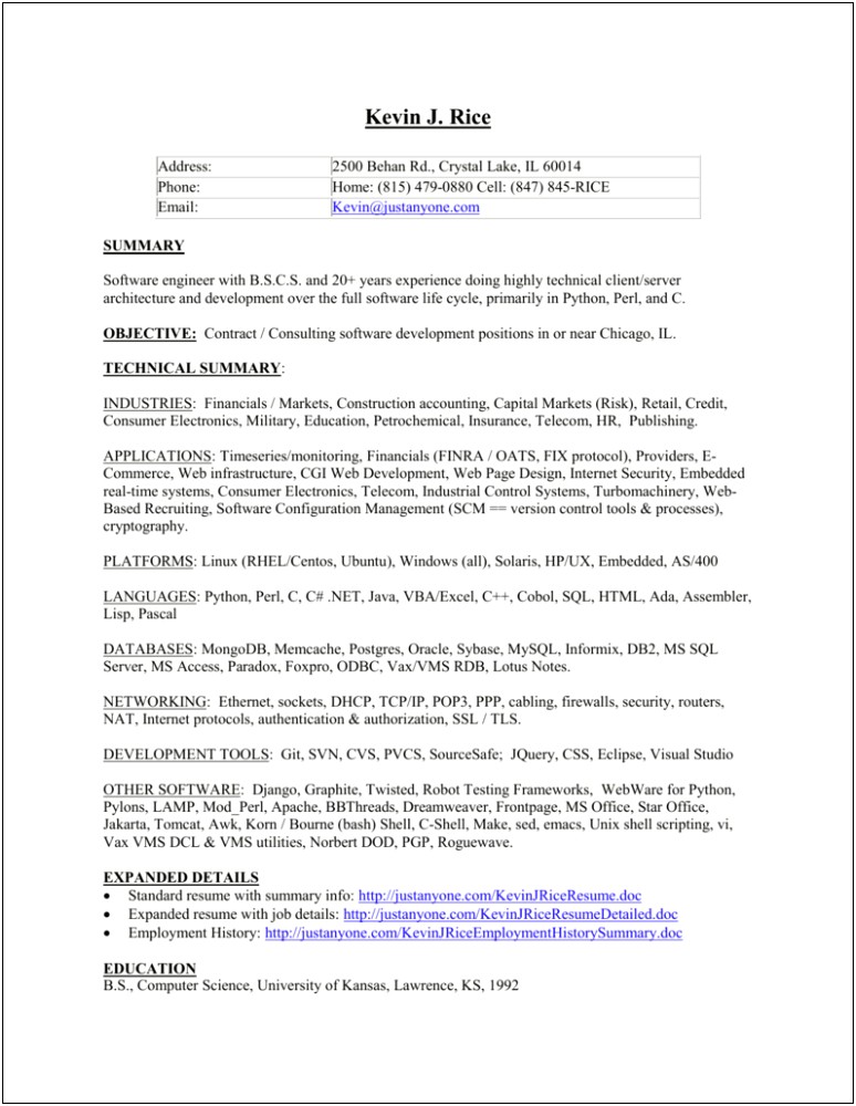 Shell Scripting Perl Python Sample Resume