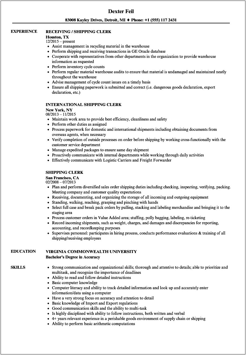 Shipping And Receiving Administrative Job Description For Resume