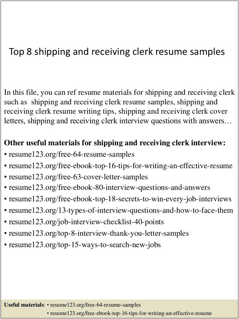 Shipping And Receiving Clerk Resume Cover Letter