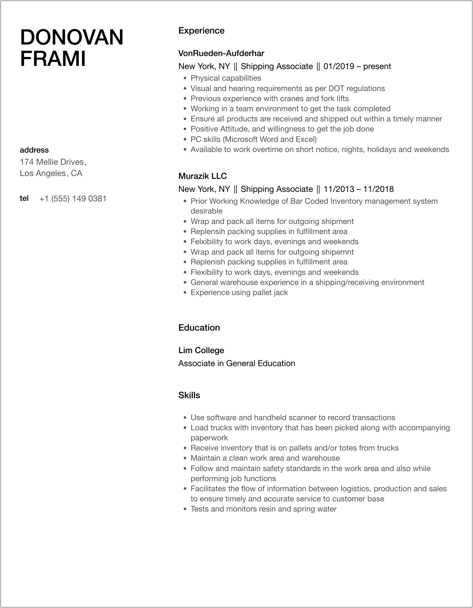 Shipping Associate Job Description For Resume