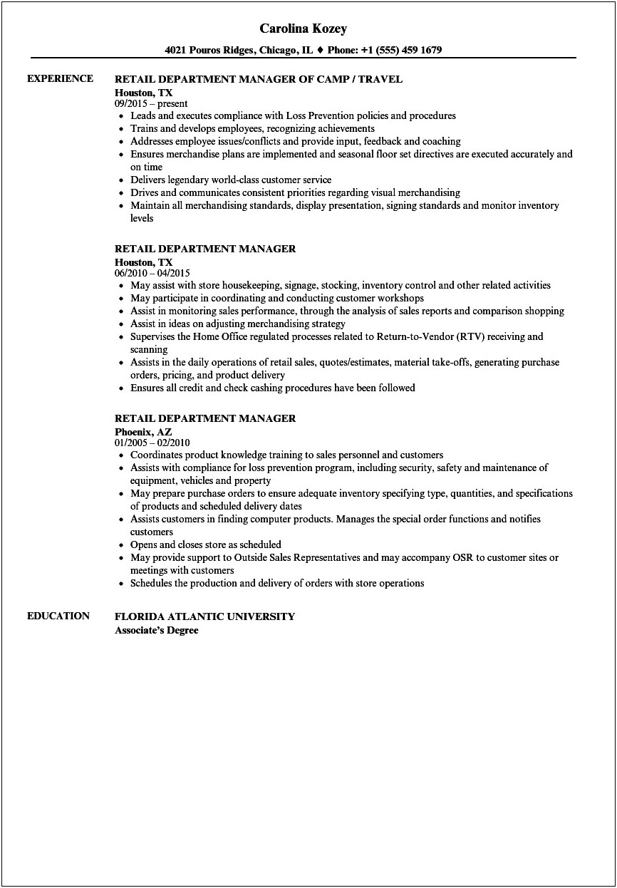 Shop Manager Job Description For Resume