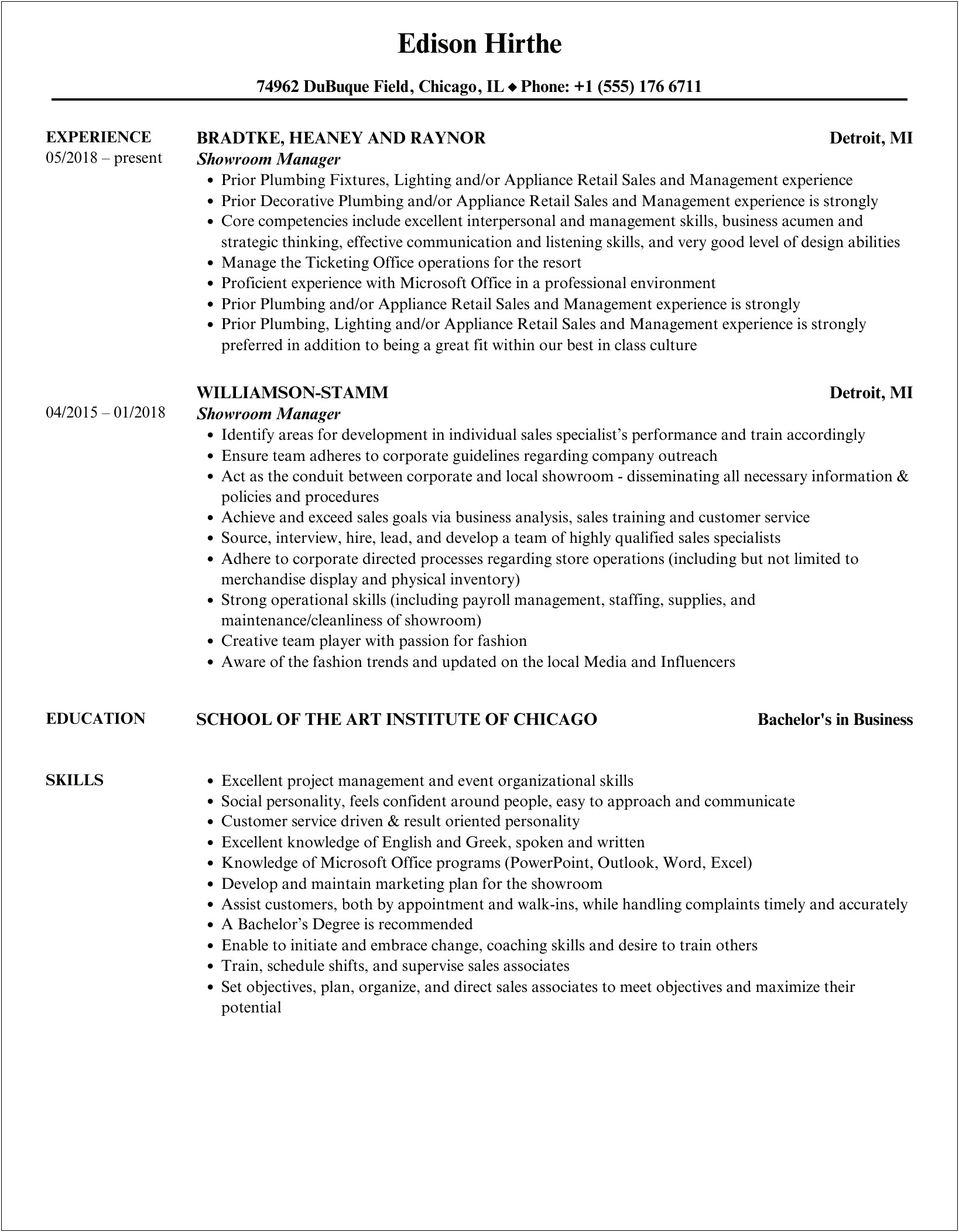 Showroom Manager Job Description For Resume