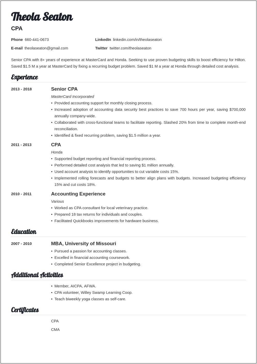 Simple And Clear Accounting Resume Samples