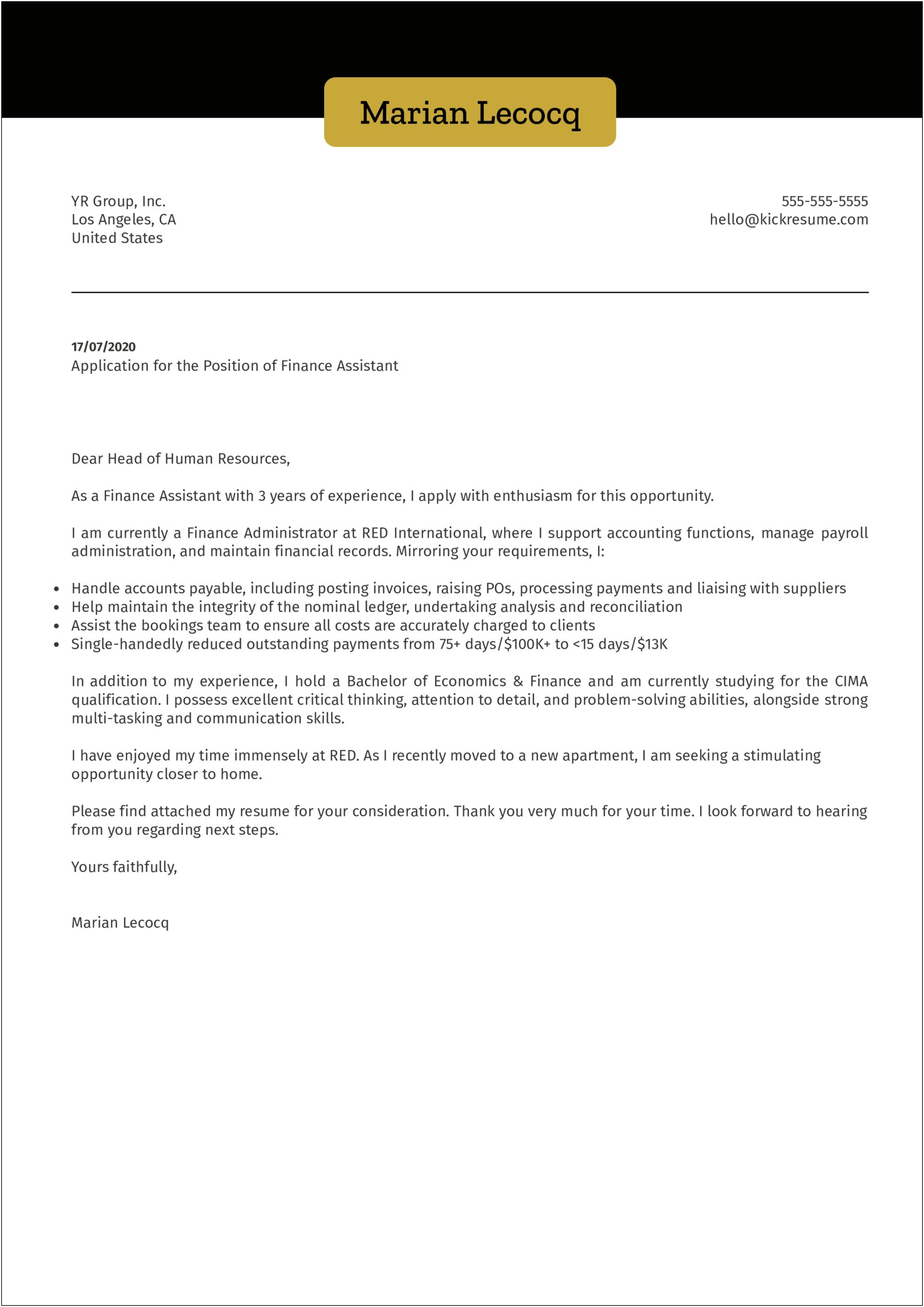 Simple Cover Letter Format For Resume